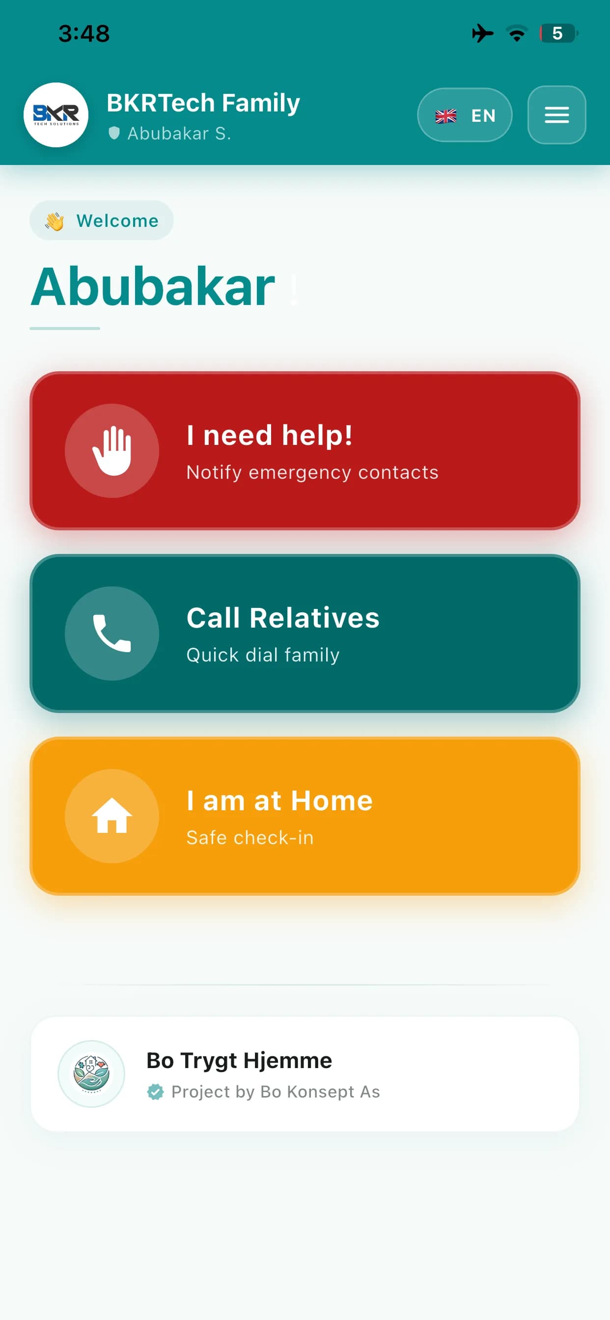Bo Trygt Hjemme — Patient Home Screen