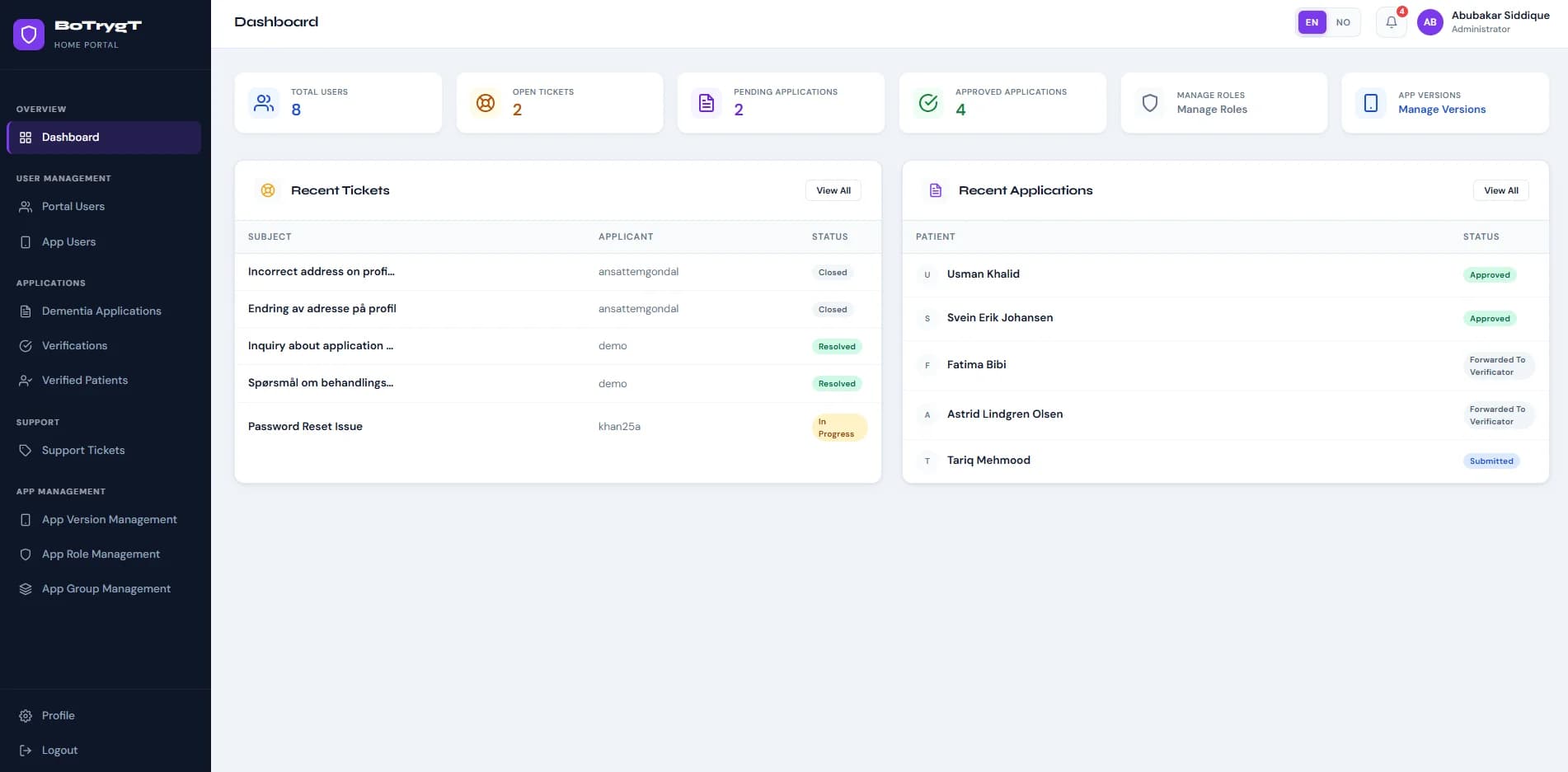 Bo Trygt Hjemme Admin Dashboard project screenshot