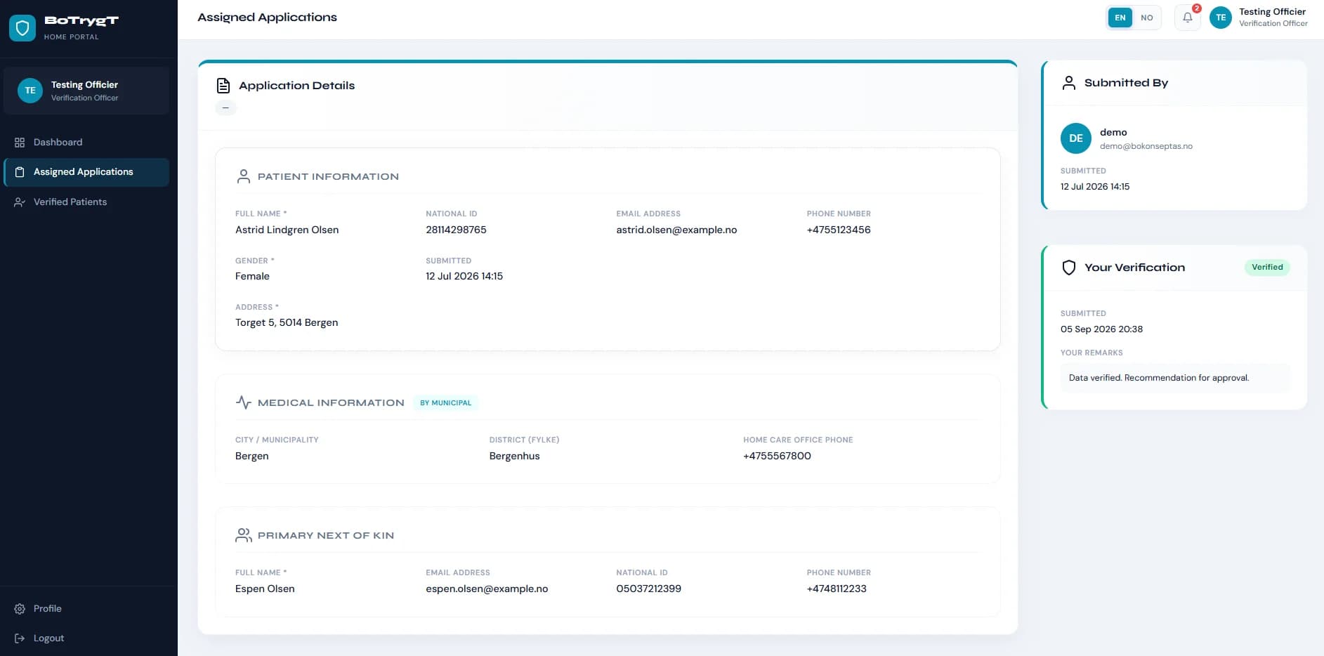 Bo Trygt Hjemme Admin Dashboard — Patient Verification